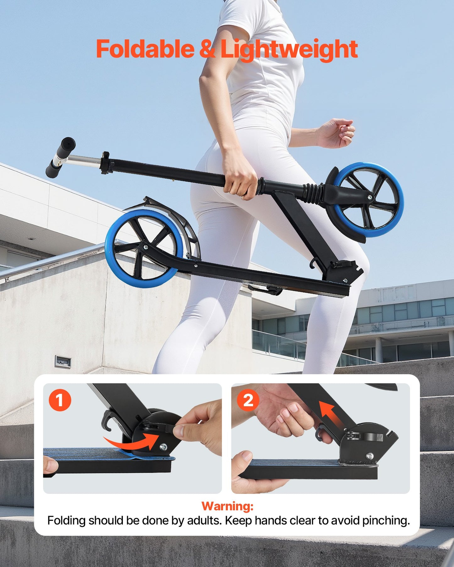 Kick Scooter for Kids Ages 8+, Teens & Adults, 2-Wheel Toddler Scooter with Adjustable Height Handlebar, Wide Anti-Slip Deck, Foldable Lightweight Frame for Boys and Girls up to 99.8 kg, Blue + Black