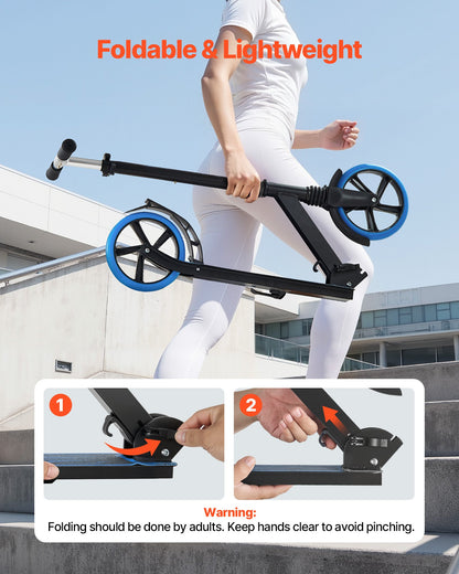 Kick Scooter for Kids Ages 8+, Teens & Adults, 2-Wheel Toddler Scooter with Adjustable Height Handlebar, Wide Anti-Slip Deck, Foldable Lightweight Frame for Boys and Girls up to 99.8 kg, Blue + Black