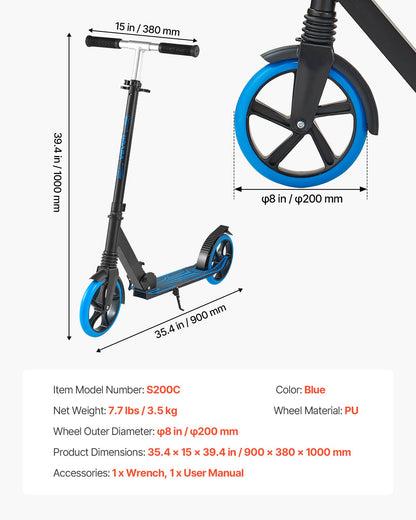 Kick Scooter for Kids Ages 8+, Teens & Adults, 2-Wheel Toddler Scooter with Adjustable Height Handlebar, Wide Anti-Slip Deck, Foldable Lightweight Frame for Boys and Girls up to 99.8 kg, Blue + Black