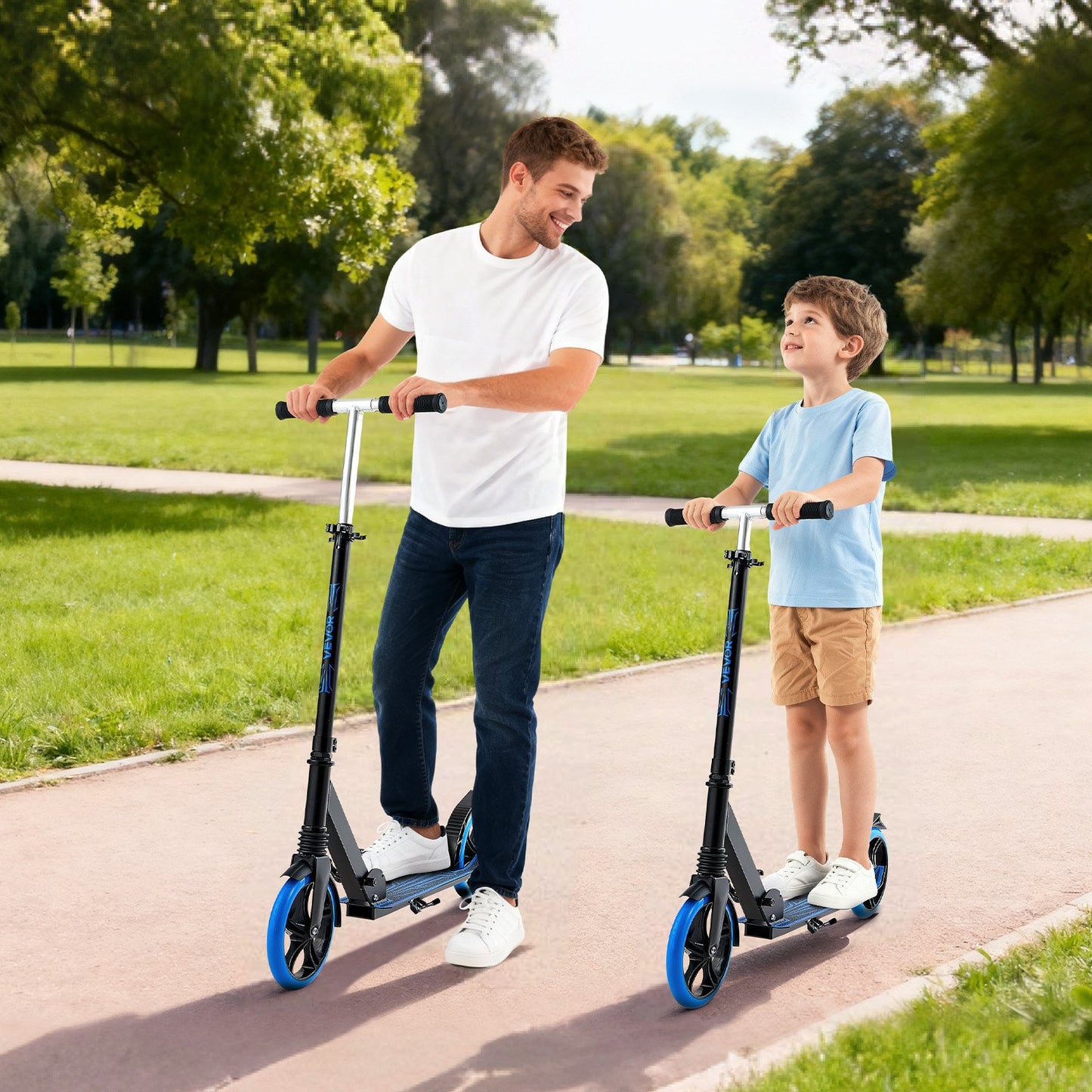 Kick Scooter for Kids Ages 8+, Teens & Adults, 2-Wheel Toddler Scooter with Adjustable Height Handlebar, Wide Anti-Slip Deck, Foldable Lightweight Frame for Boys and Girls up to 99.8 kg, Blue + Black