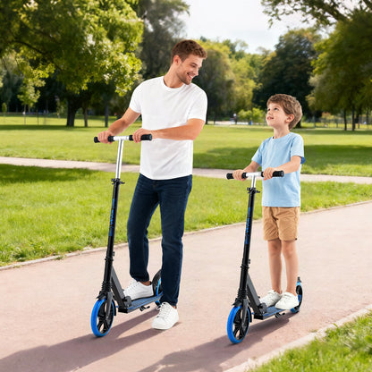 Kick Scooter for Kids Ages 8+, Teens & Adults, 2-Wheel Toddler Scooter with Adjustable Height Handlebar, Wide Anti-Slip Deck, Foldable Lightweight Frame for Boys and Girls up to 99.8 kg, Blue + Black