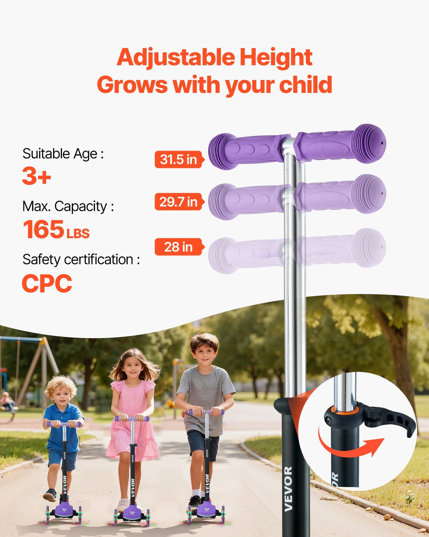 Kick Scooter for Kids Ages 3+, 3-Wheel Toddler Scooter with Light-Up Wheels, Adjustable Height Handlebar, Wide Anti-Slip Deck, Lightweight Aluminum Frame for Boys & Girls up to 74.8 kg, Purple