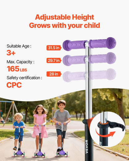 Kick Scooter for Kids Ages 3+, 3-Wheel Toddler Scooter with Light-Up Wheels, Adjustable Height Handlebar, Wide Anti-Slip Deck, Lightweight Aluminum Frame for Boys & Girls up to 74.8 kg, Purple