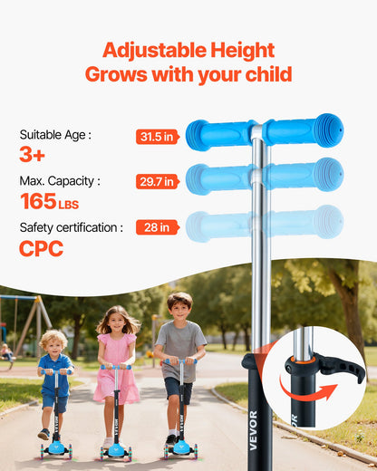 Kick Scooter for Kids Ages 3+, 3-Wheel Toddler Scooter with Light-Up Wheels, Adjustable Height Handlebar, Wide Anti-Slip Deck, Lightweight Aluminum Frame for Boys and Girls up to 74.8 kg, Blue