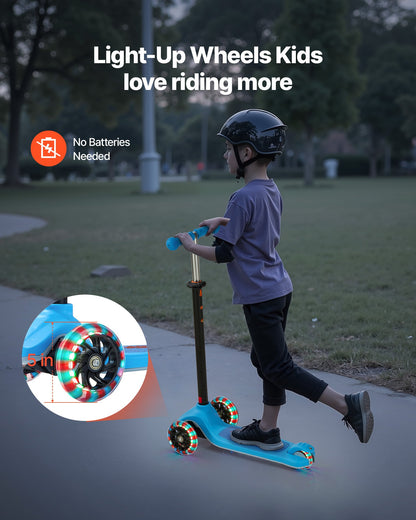 Kick Scooter for Kids Ages 3+, 3-Wheel Toddler Scooter with Light-Up Wheels, Adjustable Height Handlebar, Wide Anti-Slip Deck, Lightweight Aluminum Frame for Boys and Girls up to 74.8 kg, Blue