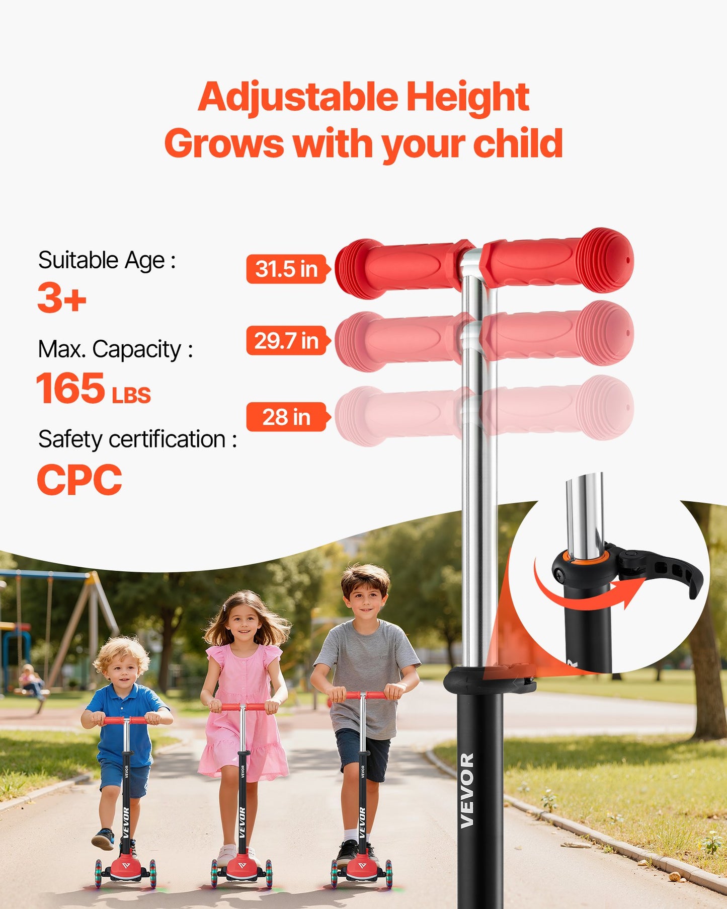Kick Scooter for Kids Ages 3+, 3-Wheel Toddler Scooter with Light-Up Wheels, Adjustable Height Handlebar, Wide Anti-Slip Deck, Lightweight Aluminum Frame for Boys and Girls up to 74.8 kg, Red