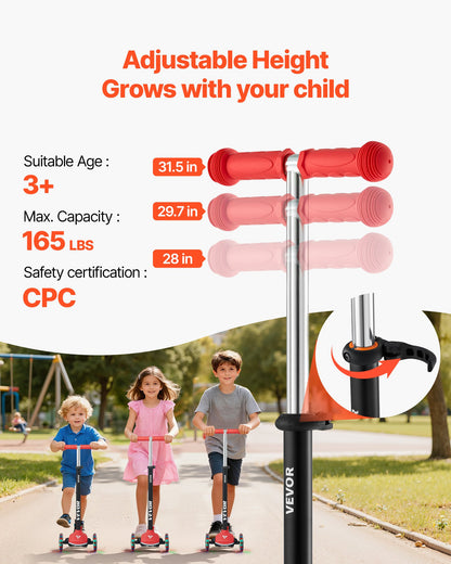 Kick Scooter for Kids Ages 3+, 3-Wheel Toddler Scooter with Light-Up Wheels, Adjustable Height Handlebar, Wide Anti-Slip Deck, Lightweight Aluminum Frame for Boys and Girls up to 74.8 kg, Red