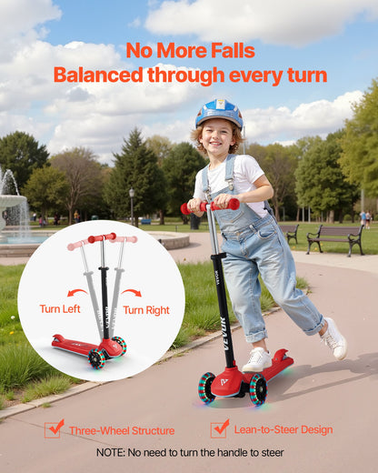 Kick Scooter for Kids Ages 3+, 3-Wheel Toddler Scooter with Light-Up Wheels, Adjustable Height Handlebar, Wide Anti-Slip Deck, Lightweight Aluminum Frame for Boys and Girls up to 74.8 kg, Red