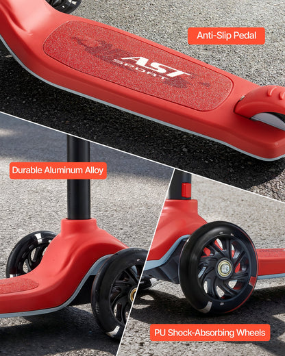 Kick Scooter for Kids Ages 3+, 3-Wheel Toddler Scooter with Light-Up Wheels, Adjustable Height Handlebar, Wide Anti-Slip Deck, Lightweight Aluminum Frame for Boys and Girls up to 74.8 kg, Red