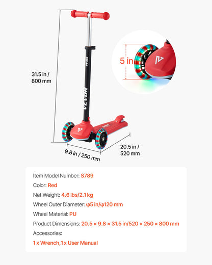 Kick Scooter for Kids Ages 3+, 3-Wheel Toddler Scooter with Light-Up Wheels, Adjustable Height Handlebar, Wide Anti-Slip Deck, Lightweight Aluminum Frame for Boys and Girls up to 74.8 kg, Red