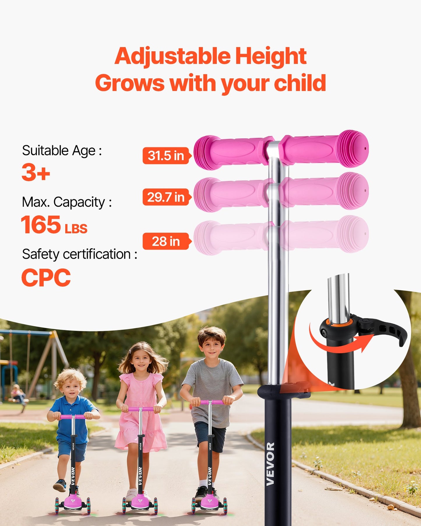 Kick Scooter for Kids Ages 3+, 3-Wheel Toddler Scooter with Light-Up Wheels, Adjustable Height Handlebar, Wide Anti-Slip Deck, Lightweight Aluminum Frame for Boys and Girls up to 74.8 kg, Pink