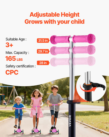 Kick Scooter for Kids Ages 3+, 3-Wheel Toddler Scooter with Light-Up Wheels, Adjustable Height Handlebar, Wide Anti-Slip Deck, Lightweight Aluminum Frame for Boys and Girls up to 74.8 kg, Pink