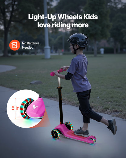 Kick Scooter for Kids Ages 3+, 3-Wheel Toddler Scooter with Light-Up Wheels, Adjustable Height Handlebar, Wide Anti-Slip Deck, Lightweight Aluminum Frame for Boys and Girls up to 74.8 kg, Pink