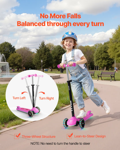 Kick Scooter for Kids Ages 3+, 3-Wheel Toddler Scooter with Light-Up Wheels, Adjustable Height Handlebar, Wide Anti-Slip Deck, Lightweight Aluminum Frame for Boys and Girls up to 74.8 kg, Pink