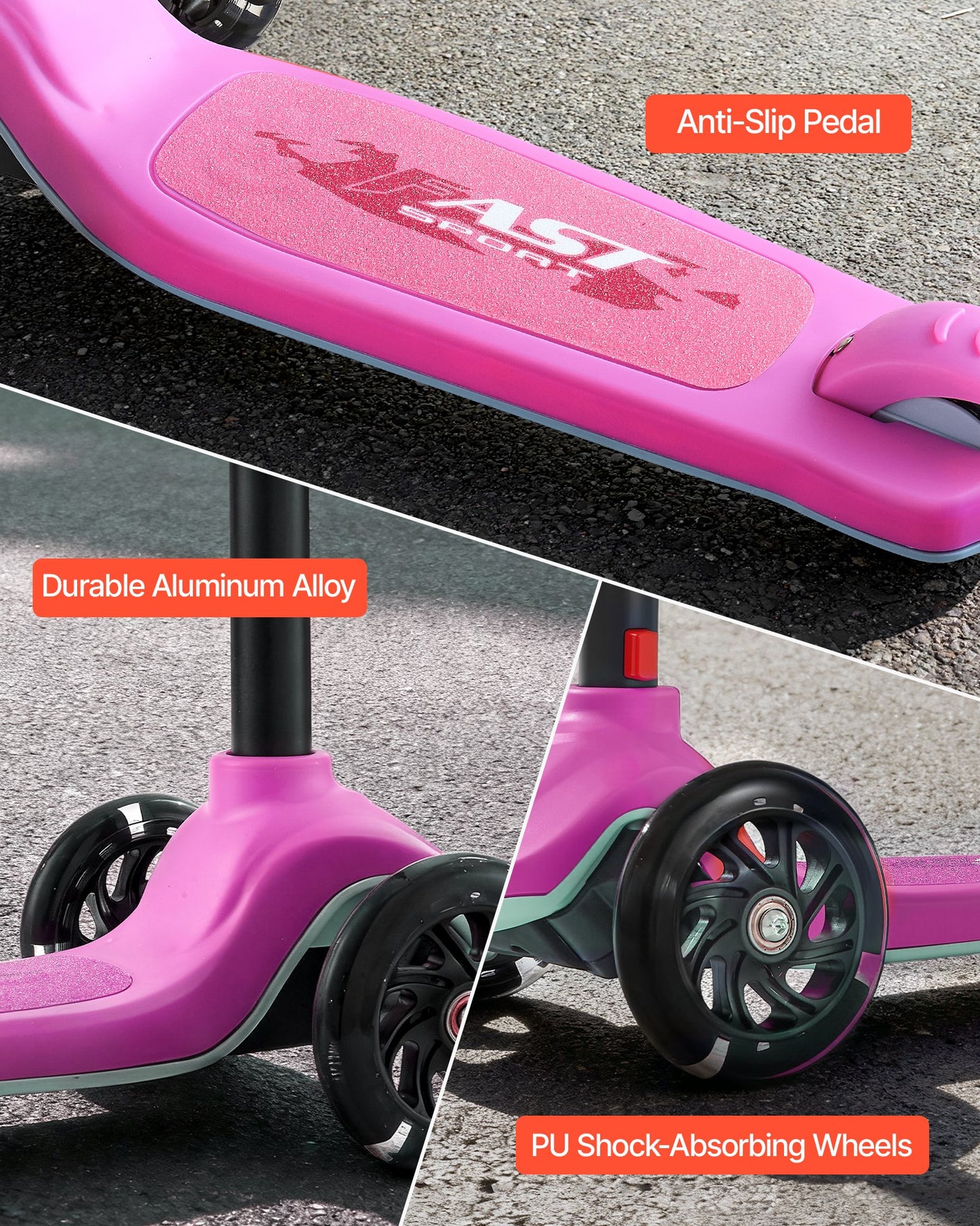 Kick Scooter for Kids Ages 3+, 3-Wheel Toddler Scooter with Light-Up Wheels, Adjustable Height Handlebar, Wide Anti-Slip Deck, Lightweight Aluminum Frame for Boys and Girls up to 74.8 kg, Pink