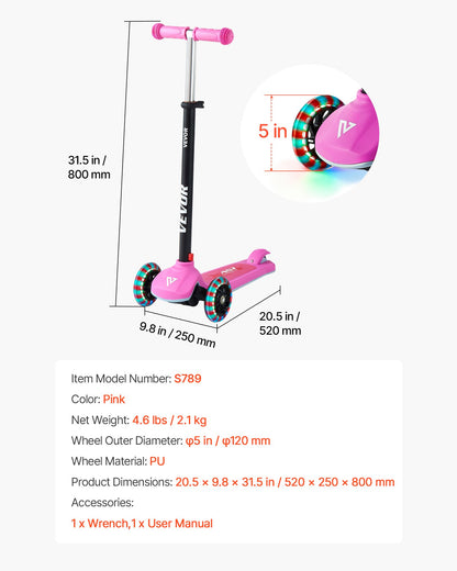 Kick Scooter for Kids Ages 3+, 3-Wheel Toddler Scooter with Light-Up Wheels, Adjustable Height Handlebar, Wide Anti-Slip Deck, Lightweight Aluminum Frame for Boys and Girls up to 74.8 kg, Pink