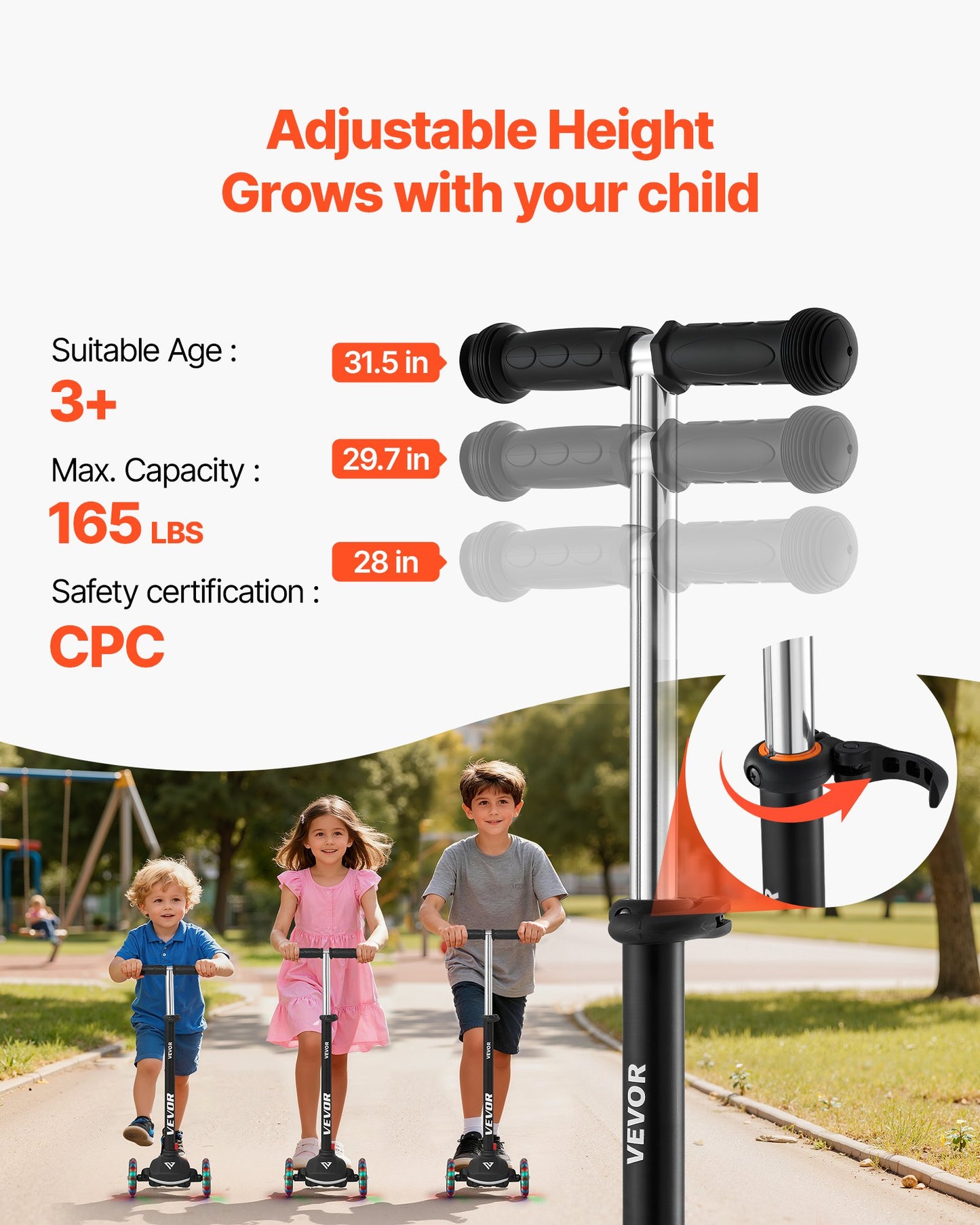 Kick Scooter for Kids Ages 3+, 3-Wheel Toddler Scooter with Light-Up Wheels, Adjustable Height Handlebar, Wide Anti-Slip Deck, Lightweight Aluminum Frame for Boys & Girls up to 74.8 kg, Black