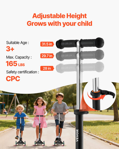 Kick Scooter for Kids Ages 3+, 3-Wheel Toddler Scooter with Light-Up Wheels, Adjustable Height Handlebar, Wide Anti-Slip Deck, Lightweight Aluminum Frame for Boys & Girls up to 74.8 kg, Black