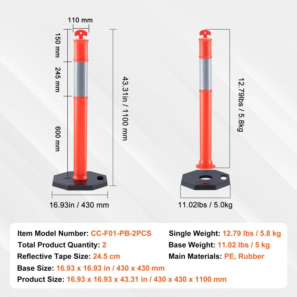 2 PCs Traffic Delineator Post Cones with Base for Traffic Control Warning