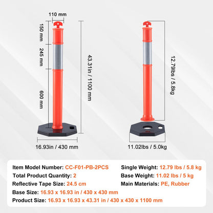 2 PCs Traffic Delineator Post Cones with Base for Traffic Control Warning