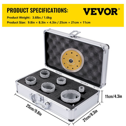 6-Piece Diamond Hole Saw Set for Tile, Ceramic, Marble (0.02-0.07m Diameters)