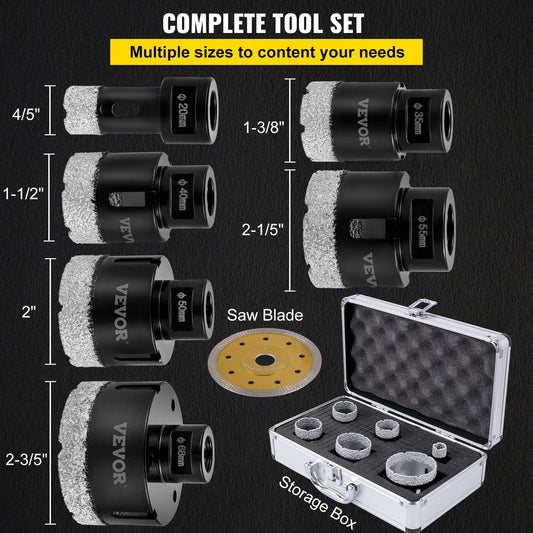 6-Piece Diamond Hole Saw Set for Tile, Ceramic, Porcelain, Marble (20-68mm)