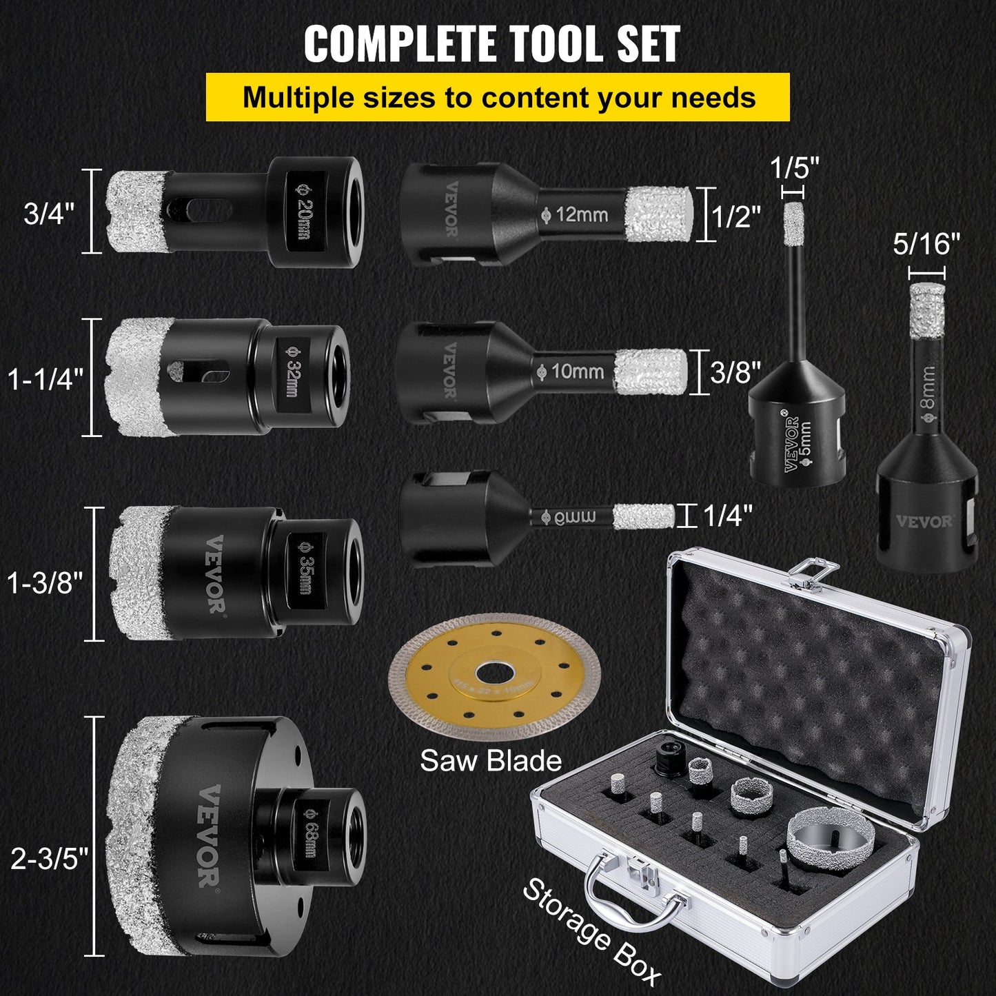 VEVOR Diamond Drill Bits 9PCS Diamond Hole Saw 5/6/8/10/12/20/32/35/68mm Tile Hole