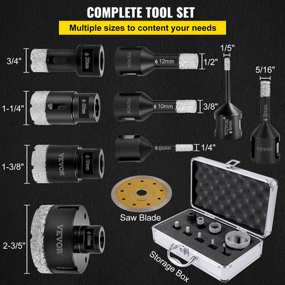 VEVOR Diamond Drill Bits 9PCS Diamond Hole Saw 5/6/8/10/12/20/32/35/68mm Tile Hole
