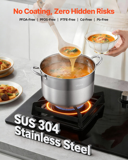Stainless Steel Stock Pot, 11.4 L Stainless Steel Stockpot with Glass Lid, PFOA-Free, PFAS-Free, Compatible with Gas Stoves, Induction Cooktops, Electric Stoves, for Soups, Stews, and Pasta
