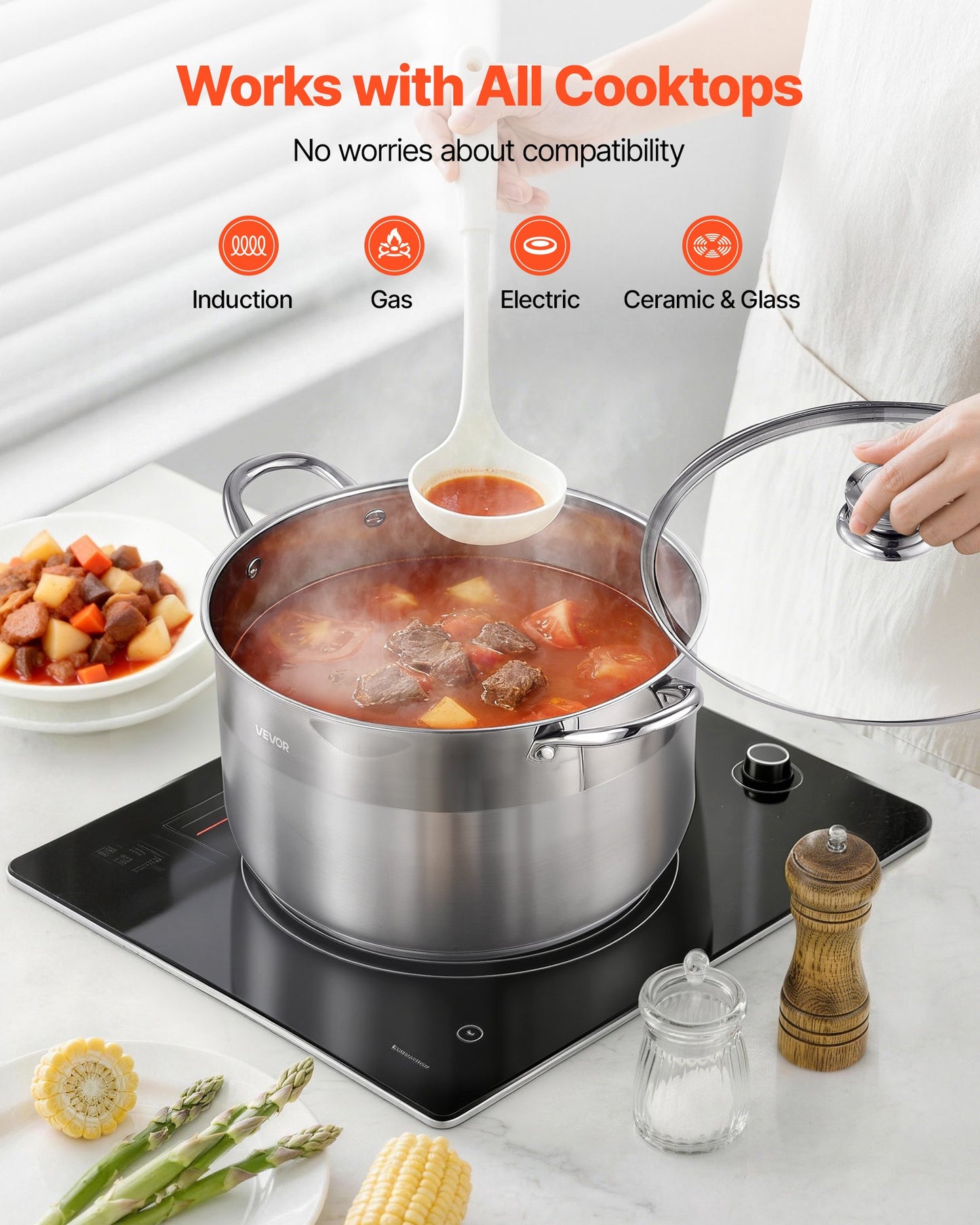 Stainless Steel Stock Pot, 11.4 L Stainless Steel Stockpot with Glass Lid, PFOA-Free, PFAS-Free, Compatible with Gas Stoves, Induction Cooktops, Electric Stoves, for Soups, Stews, and Pasta