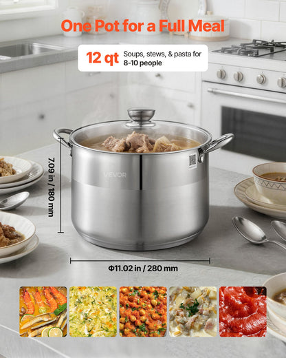 Stainless Steel Stock Pot, 11.4 L Stainless Steel Stockpot with Glass Lid, PFOA-Free, PFAS-Free, Compatible with Gas Stoves, Induction Cooktops, Electric Stoves, for Soups, Stews, and Pasta