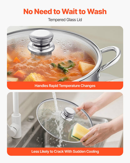 Stainless Steel Stock Pot, 11.4 L Stainless Steel Stockpot with Glass Lid, PFOA-Free, PFAS-Free, Compatible with Gas Stoves, Induction Cooktops, Electric Stoves, for Soups, Stews, and Pasta