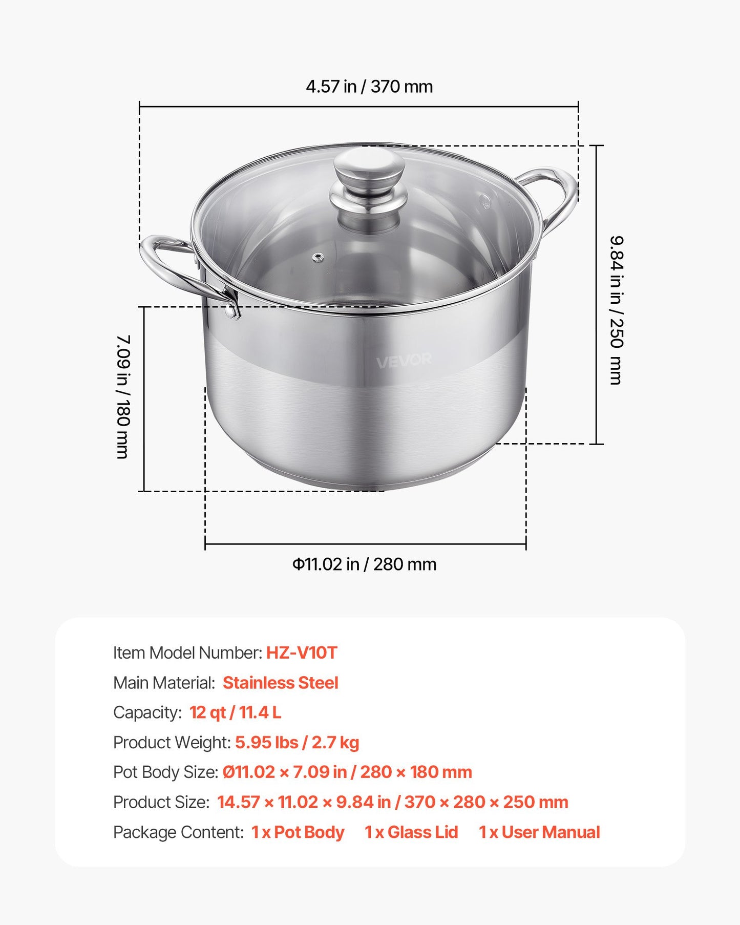 Stainless Steel Stock Pot, 11.4 L Stainless Steel Stockpot with Glass Lid, PFOA-Free, PFAS-Free, Compatible with Gas Stoves, Induction Cooktops, Electric Stoves, for Soups, Stews, and Pasta