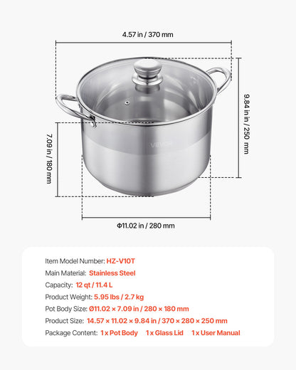 Stainless Steel Stock Pot, 11.4 L Stainless Steel Stockpot with Glass Lid, PFOA-Free, PFAS-Free, Compatible with Gas Stoves, Induction Cooktops, Electric Stoves, for Soups, Stews, and Pasta