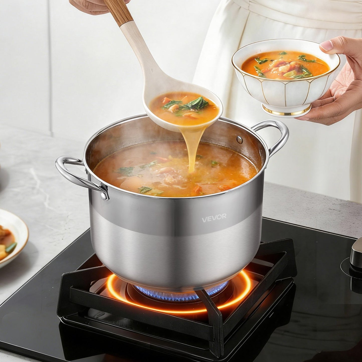 Stainless Steel Stock Pot, 11.4 L Stainless Steel Stockpot with Glass Lid, PFOA-Free, PFAS-Free, Compatible with Gas Stoves, Induction Cooktops, Electric Stoves, for Soups, Stews, and Pasta