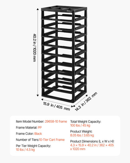 Plastic Storage Organizer 10-Tier Large Capacity with Organizer Top Black Frame