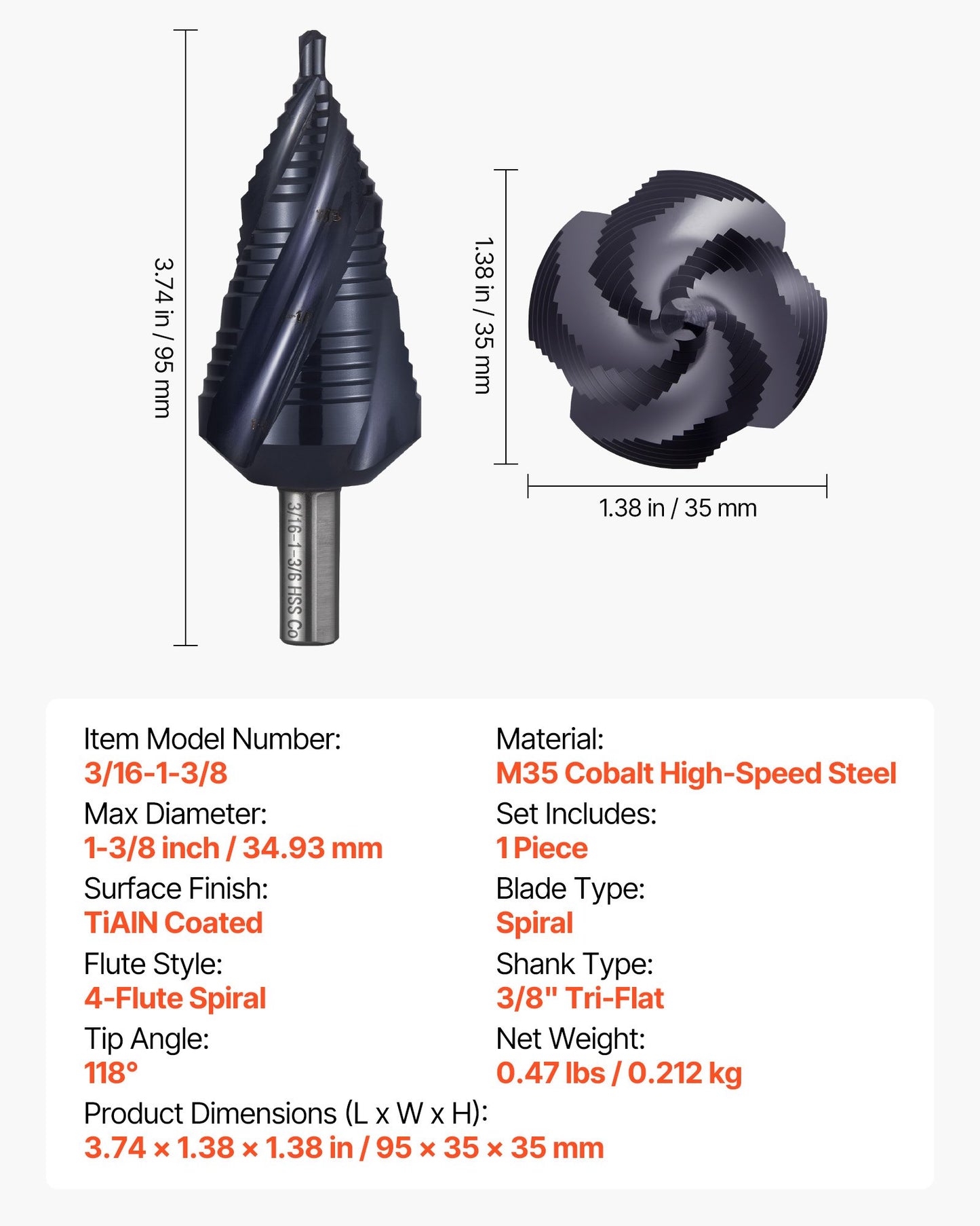 Step Drill Bit, 4.76 to 34.93 mm, 9.53 mm Triangular Shank, TiAlN Coating Cobalt High Speed Steel, Four Spiral Flute Step Bit for Metal, Stainless Steel, Aluminum, Wood, Plastic, Fiberglass