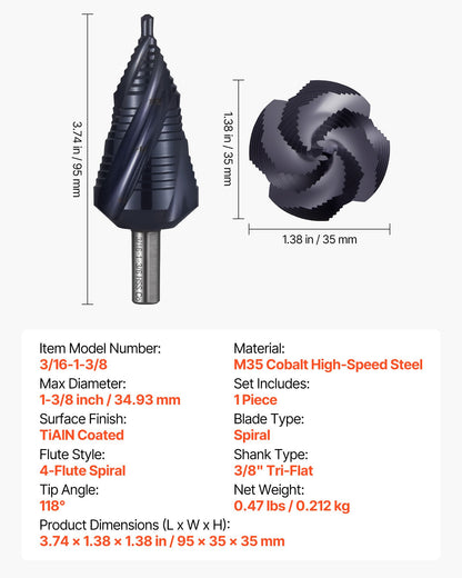 Step Drill Bit, 4.76 to 34.93 mm, 9.53 mm Triangular Shank, TiAlN Coating Cobalt High Speed Steel, Four Spiral Flute Step Bit for Metal, Stainless Steel, Aluminum, Wood, Plastic, Fiberglass