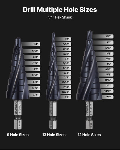 Step Drill Bit Set, 3.2 - 22.2 mm, 3 Pieces Step Drill Bits, 6.35 mm Hex Shank, TiAlN Coating Cobalt HSS High Speed Steel, for Metal, Stainless Steel, Aluminum, Wood, Plastic, Fiberglass