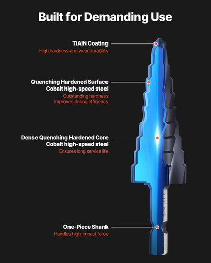 Step Drill Bit Set, 3.2 - 22.2 mm, 3 Pieces Step Drill Bits, 6.35 mm Hex Shank, TiAlN Coating Cobalt HSS High Speed Steel, for Metal, Stainless Steel, Aluminum, Wood, Plastic, Fiberglass