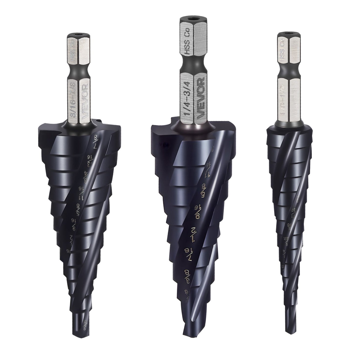 Step Drill Bit Set, 3.2 - 22.2 mm, 3 Pieces Step Drill Bits, 6.35 mm Hex Shank, TiAlN Coating Cobalt HSS High Speed Steel, for Metal, Stainless Steel, Aluminum, Wood, Plastic, Fiberglass