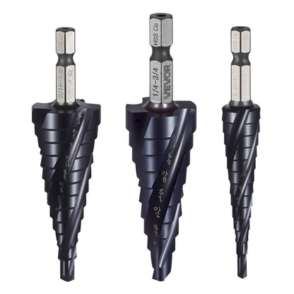 Step Drill Bit Set, 3.2 - 22.2 mm, 3 Pieces Step Drill Bits, 6.35 mm Hex Shank, TiAlN Coating Cobalt HSS High Speed Steel, for Metal, Stainless Steel, Aluminum, Wood, Plastic, Fiberglass