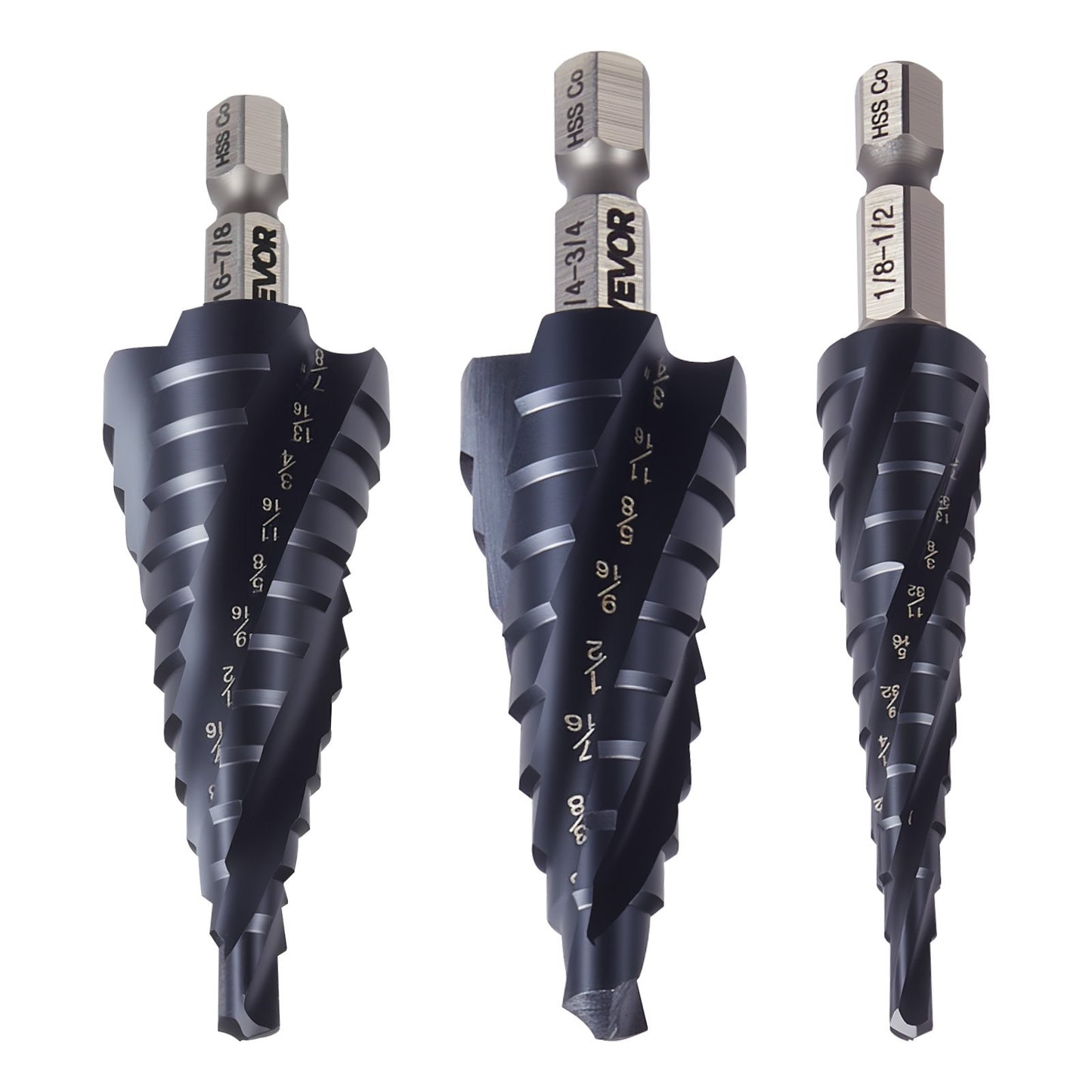 Step Drill Bit Set, 3.2 - 22.2 mm, 3 Pieces Step Drill Bits, 6.35 mm Hex Shank, TiAlN Coating Cobalt HSS High Speed Steel, for Metal, Stainless Steel, Aluminum, Wood, Plastic, Fiberglass