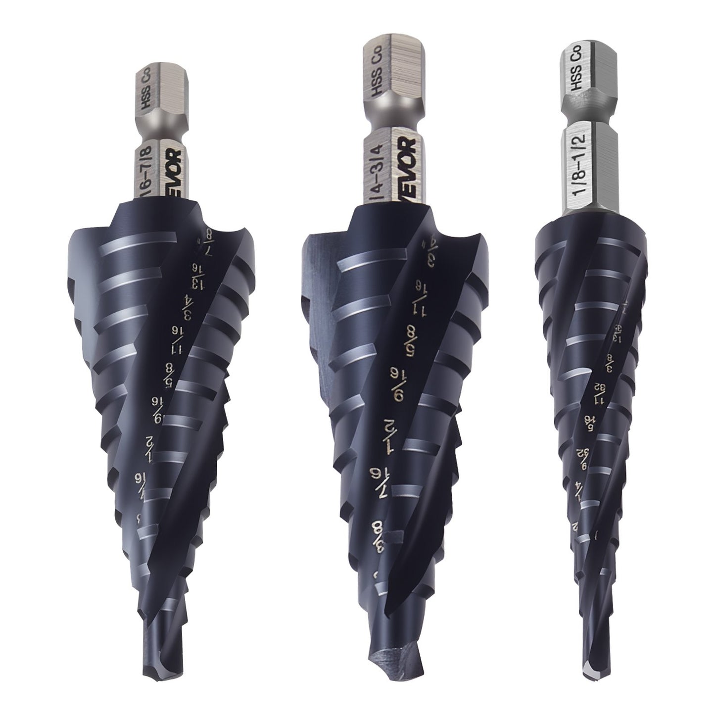 Step Drill Bit Set, 3.2 - 22.2 mm, 3 Pieces Step Drill Bits, 6.35 mm Hex Shank, TiAlN Coating Cobalt HSS High Speed Steel, for Metal, Stainless Steel, Aluminum, Wood, Plastic, Fiberglass