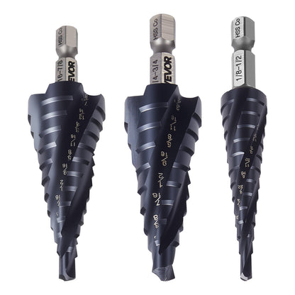 Step Drill Bit Set, 3.2 - 22.2 mm, 3 Pieces Step Drill Bits, 6.35 mm Hex Shank, TiAlN Coating Cobalt HSS High Speed Steel, for Metal, Stainless Steel, Aluminum, Wood, Plastic, Fiberglass
