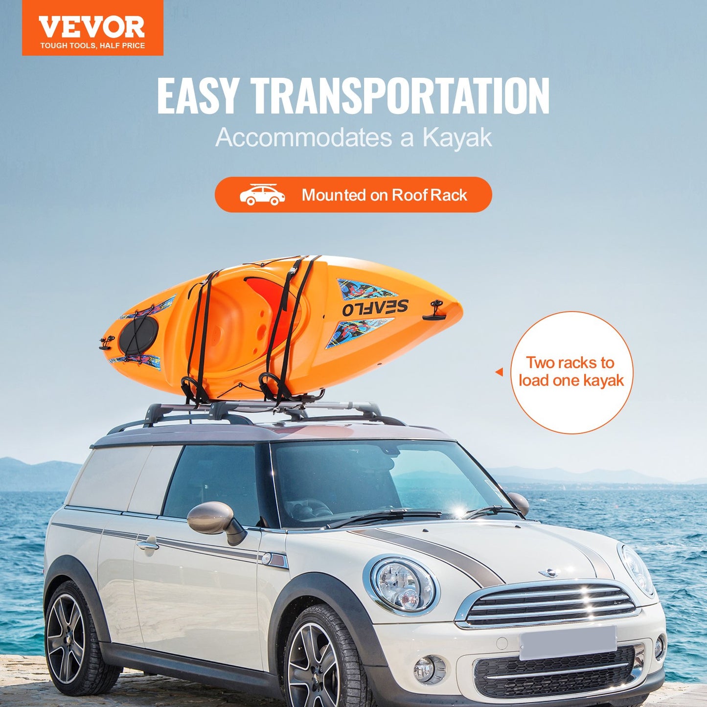 VEVOR Kayak Roof Rack 1 Pair J-Bar, Soft Roof Rack, Top Mount Tie Down, Carrier