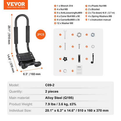 VEVOR Kayak Roof Rack 1 Pair J-Bar, Soft Roof Rack, Top Mount Tie Down, Carrier