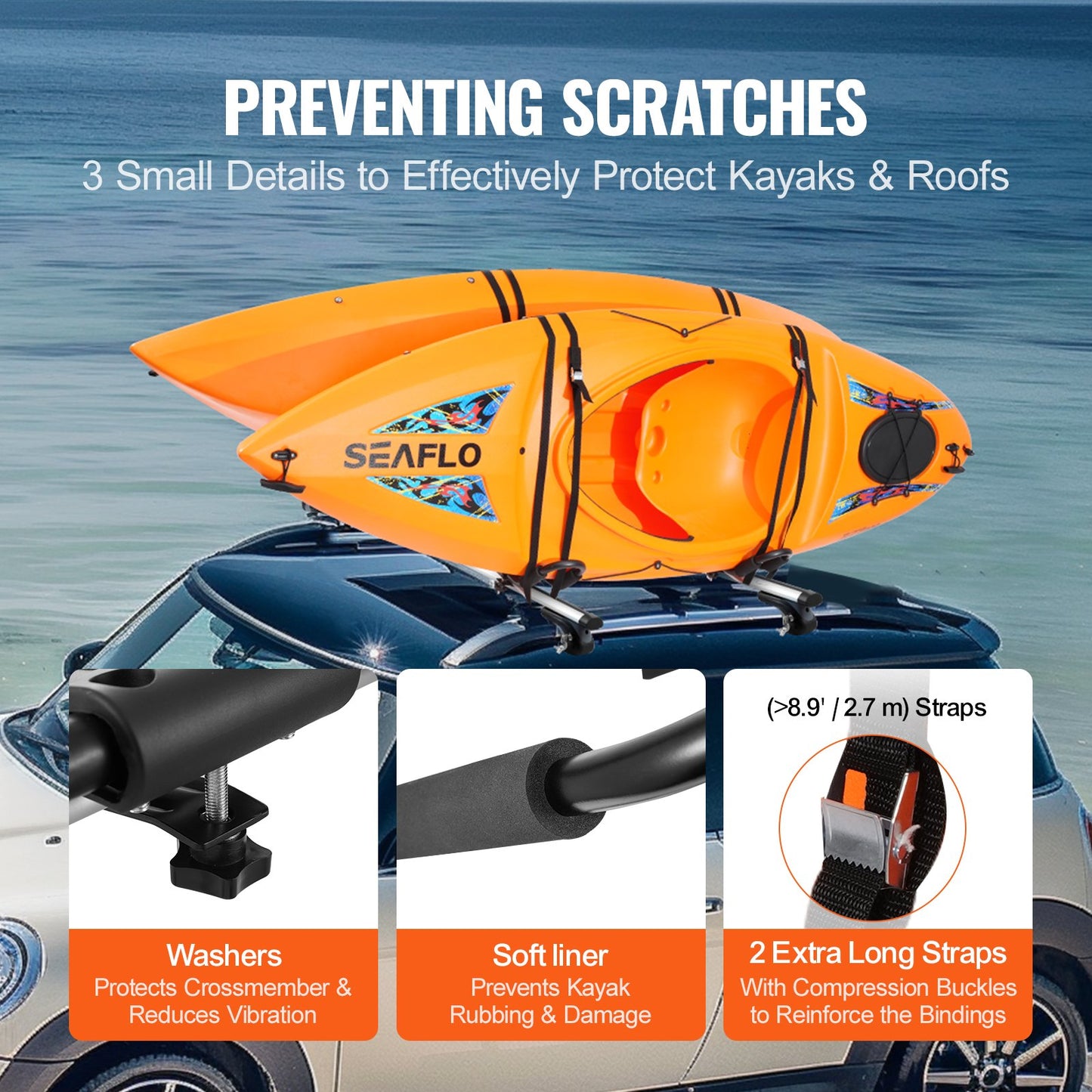 VEVOR Kayak Roof Rack 2 Pairs J-Bar, Soft Roof Rack, Top Mount Tie Down, Carrier