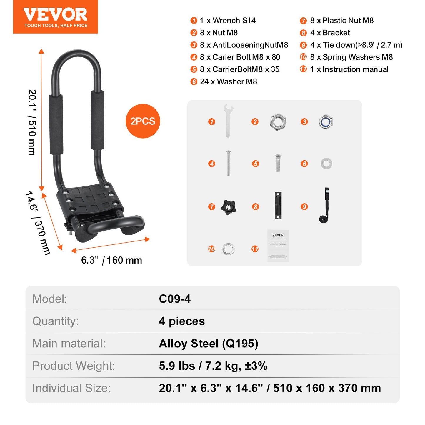 VEVOR Kayak Roof Rack 2 Pairs J-Bar, Soft Roof Rack, Top Mount Tie Down, Carrier