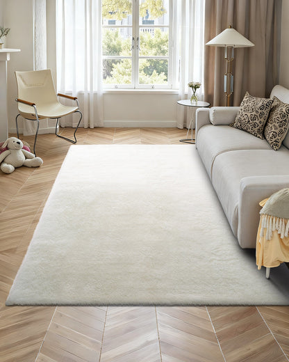 Indoor Plush Area Rugs, 2.44 x 3.05m Soft Plush Carpet, Furry Shag Area Rugs for Living Room, Bedroom, Sunroom, Modern Home Decor Aesthetic, Non-Shedding, Non-Woven, Slip-Resistant, Ivory White